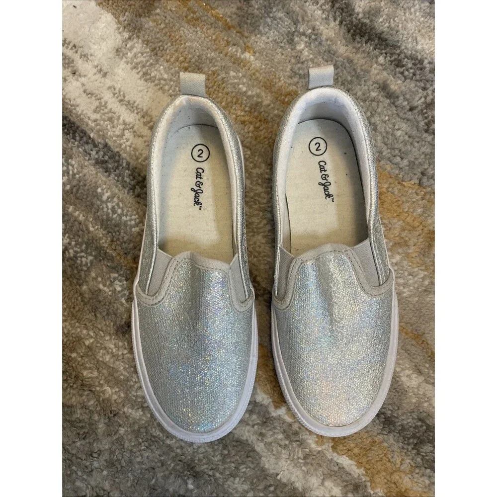 Cat & Jack Girls Gray/Silver Sparkles Slip On Sneakers Shoes Sz 2